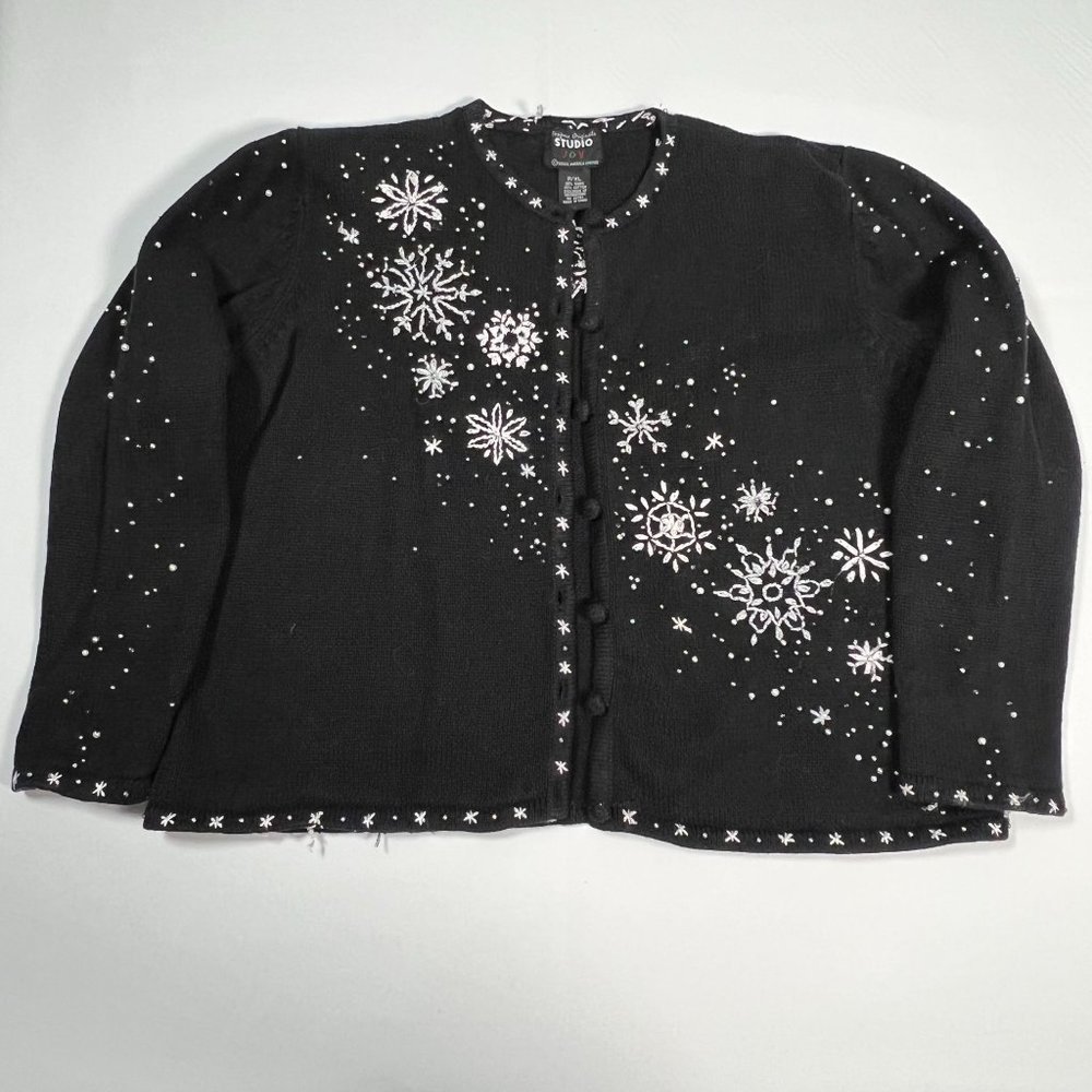 VTG 90's Snowflake Sweater P/XL‎ Black Button Up Cardigan Designers Originals